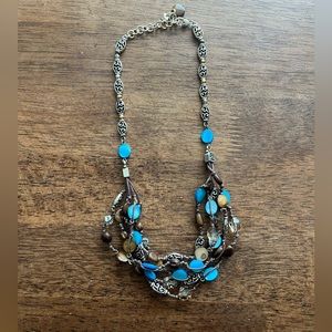 BRIGHTON Multi Strand Blue Shell, Silver, Wood, Glass Knotted Bead Necklace 18”